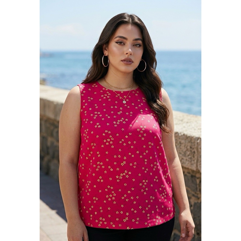 Valerie Stevens II Womens Pink Floral Silk Round Neck Sleeveless Blouse 18W